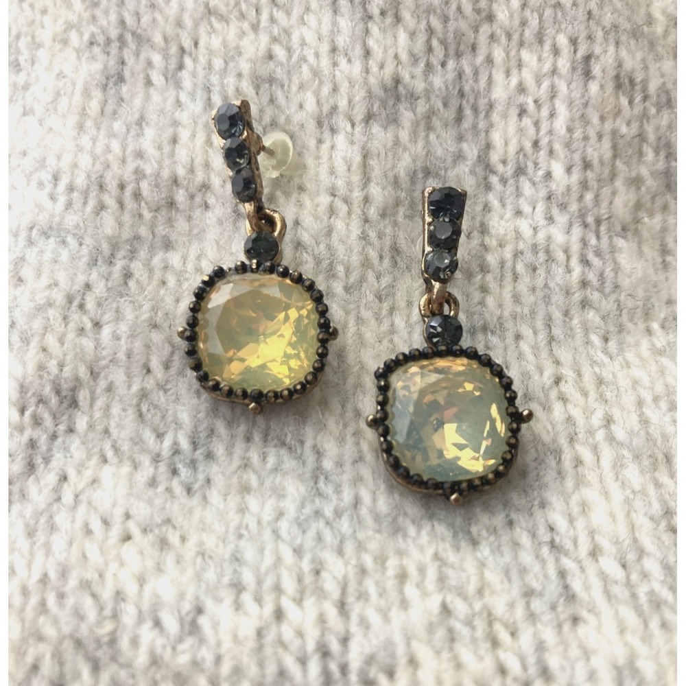 Romantic Dangle Earrings Iridescent Glass & Black Rhinestones Antiqueโ Gold Tone